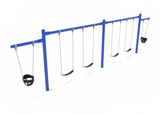 2 Bay- 2 Cantilever Single Post Swing - Frame With Hangers, 2 Bay Belt Seat Package, 1 Bay Bucket Package