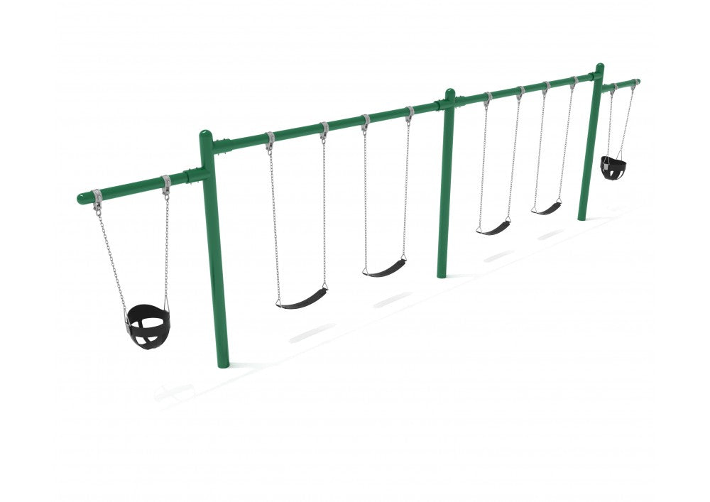 2 Bay- 2 Cantilever Single Post Swing - Frame With Hangers, 2 Bay Belt Seat Package, 1 Bay Bucket Package